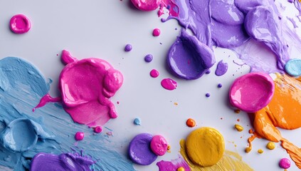 Abstract paint splatters in vibrant colors on a white surface