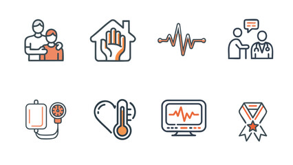 Healthcare And Family Care Icons Set. Health, Home, Monitoring, Medical Staff, And Recognition Symbols