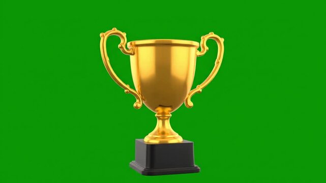 3D Golden Trophy Cup Rotating Loop on Green Screen, Championship Award, First Place Winner Prize, Gold Star Reward, Sport Victory Celebration, Chroma Key Background
