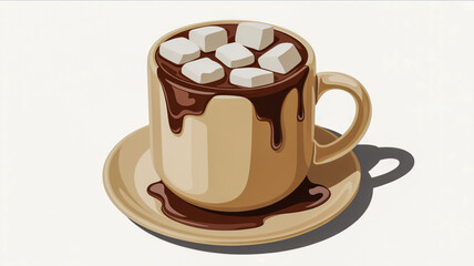 A cozy mug of hot chocolate topped with melting marshmallows isolated on white background