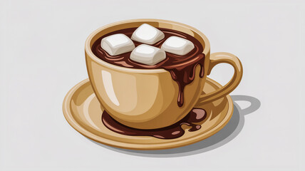A warm cup of hot chocolate topped with four fluffy marshmallows isolated on white background