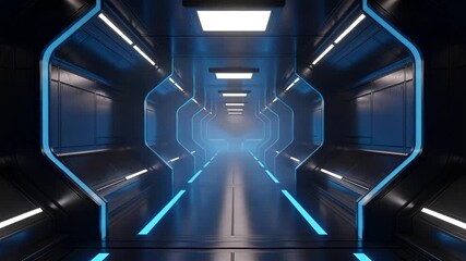 Futuristic spaceship corridor with bright neon lights guiding you through the future - Powered by Adobe