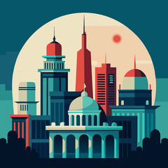 Stylized cityscape with geometric buildings and a large sun icon