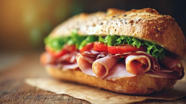 Delicious Sub Sandwich with Ham, Lettuce, and Tomato on a Rustic Wooden Table.