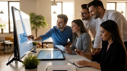 Dynamic team analyzing growth charts, strategizing business moves in modern office - Powered by Adobe