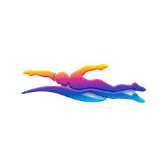 A vibrant, stylized graphic of a swimmer in motion, depicted with a colorful gradient from warm to cool tones, suggesting speed and fluidity in water.