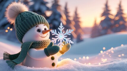Fototapeta premium Luxurious and whimsical Christmas illustration of a smiling cartoon snowman with glowing snowflake, delicate falling snow, cinematic lighting, and minimal text area.