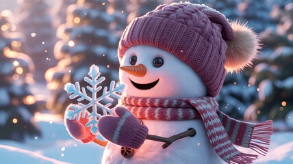 Luxurious Christmas illustration of a stylized cartoon snowman with soft snowy texture, glowing snowflake, and cinematic holiday lighting with clean text space