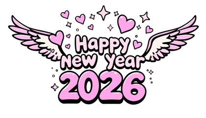 happy new year 2026 with angel wings, hearts, and stars in a cute cartoon style