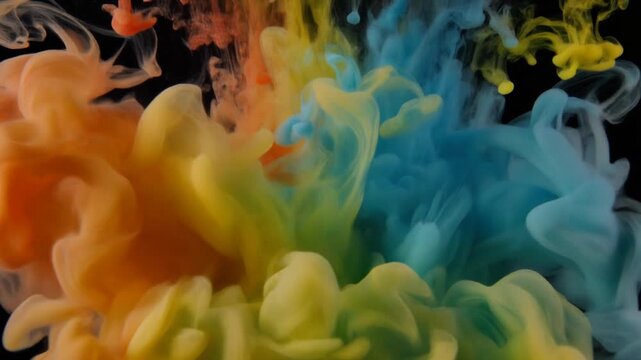 Close-up macro shot of colorful ink swirling in clear water, slow motion, hypnotic fluid