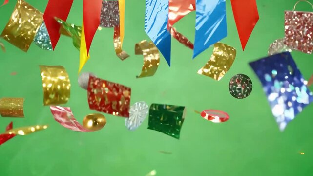 A dense shower of colorful, metallic confetti, triangular garlands, and streamers falling against a vibrant green screen background, signifying a major celebration