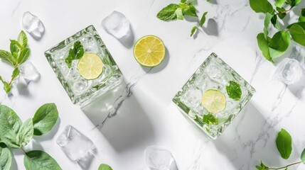 Refreshing soda water with lime and mint on a white marble surface, capturing a vibrant and invigorating summer drink experience