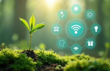 Sprout grows in soil with digital icons overlay. Eco tech in agronomy. Agriculture automation uses sensor. Digital eco monitoring of plant growth with AI. Plantation control technology for smart