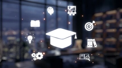 A futuristic robot points to various digital learning icons, symbolizing education in a modern office setting. The scene reflects the merging of technology and knowledge. Auvana - Powered by Adobe