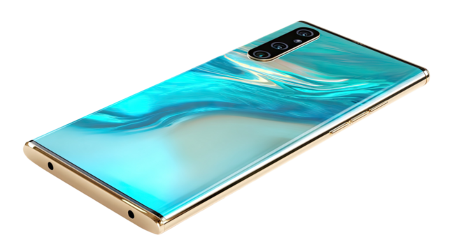 modern blue smartphone with gradient back design and triple camera module isolated on white background