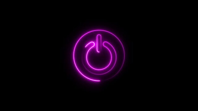 Neon glowing power button icon animated on a black background. Glowing neon power icon sign with neon circle animation. Neon power reset button sign animation.4K video