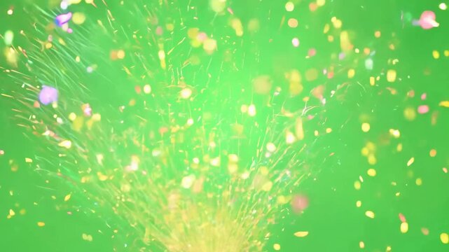 A massive, bright light burst from the bottom, shooting colorful confetti and sparkling particles upwards against a vivid green screen background, like a grand finale