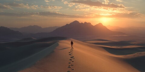 Desert Traveler: A solitary figure embarks on a journey across an undulating desert landscape, the path illuminated by the radiant glow of a stunning sunset. Capturing a sense of adventure.