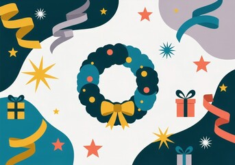 Christmas wreath with golden bow and gift boxes. Festive holiday decoration for greeting card, banner, or promotional design elements.