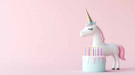 Naklejka premium Cute and Cartoon Unicorn A cartoon unicorn wearing a party hat and blowing out candles on a birthday cake.