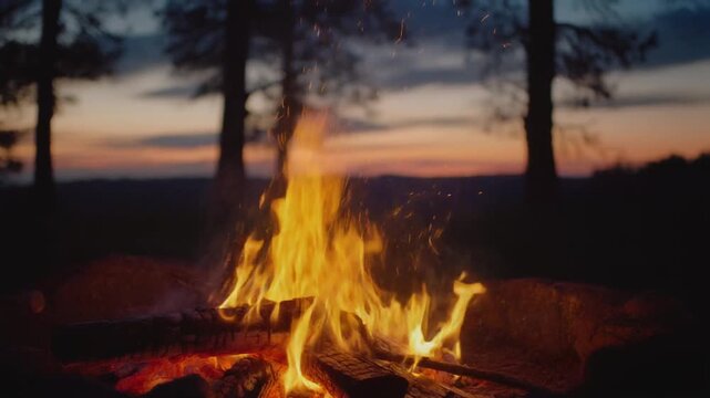 Warm summer campfire crackling at sunset, orange sparks rising, silhouettes of trees