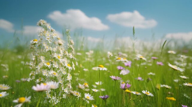 Wide shot of lush green meadow filled with blooming wildflowers, gentle breeze moving flower