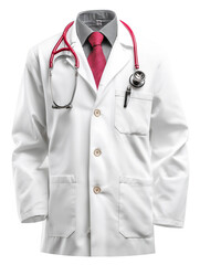 Doctor lab coat stethoscope red tie striped shirt medical uniform healthcare professional white coat front view studio clean design clinical pocket buttons collar formal professional, isolated