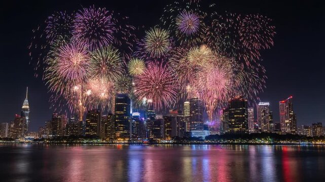 Wide-angle shot of colorful fireworks exploding over a city skyline at night, bright reflect