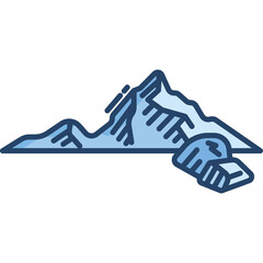 Stylized Illustration of a Blue and White Mountain Range with Snow and Rocks on a Transparent Background