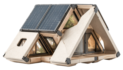 Eco modular home foldable solar roof geometric shape sustainable cabin tiny house wooden frame triangular window off grid modern design eco friendly, isolated