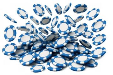 Blue and white poker chips falling and scattering, a gambling concept with casino chips on transparent background
