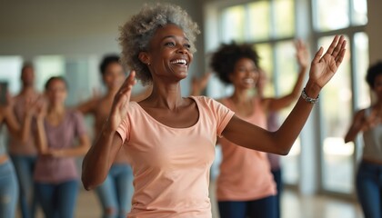 Joyful senior African American woman dances with energy at class. She smiles brightly, moving with others in group fitness activity. Scene shows active, happy older adults enjoying hobby together.