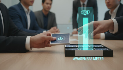 Cyber protection and warfare awareness meter concept with business people discussing security strategy in office meeting