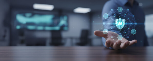 Artificial intelligence cyber protection concept with futuristic digital shield and network for warfare defense in technology environment