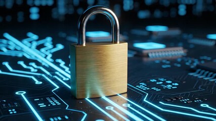 A metallic padlock stands firmly on a futuristic, glowing blue circuit board, symbolizing digital security and data protection in a technological environment. - Powered by Adobe