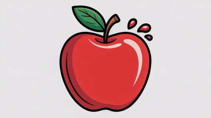 Cartoon illustration of a juicy red apple with a green leaf and splashing drops