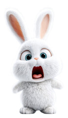 Fototapeta premium Cartoon rabbit giant head shocked face fear expression wide eyes open mouth fluffy fur white bunny standing pose surprise emotion. Cartoon rabbit with giant head shows shocked face, isolated
