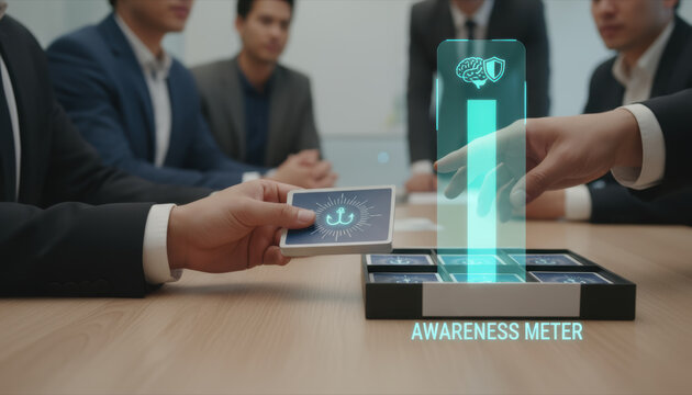 Cyber protection and warfare awareness meter concept with business people discussing security strategy in office meeting