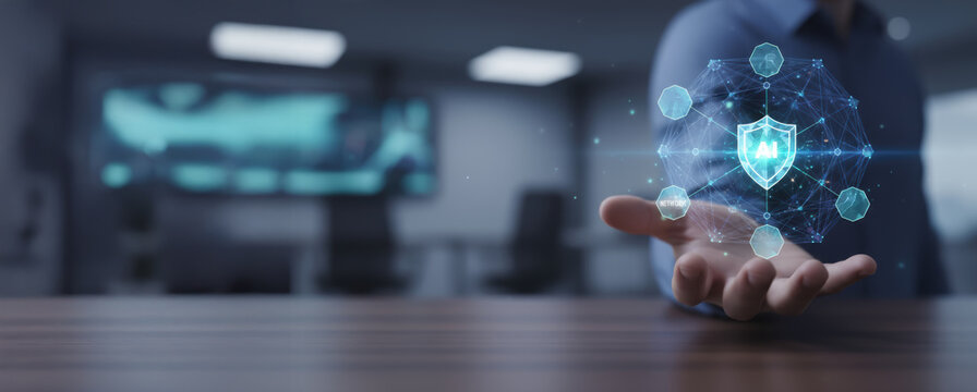 Artificial intelligence cyber protection concept with futuristic digital shield and network for warfare defense in technology environment