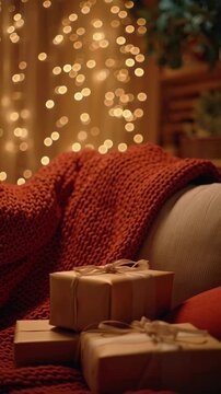 Cozy Christmas Interior Gifts Bokeh Lights Warm Blanket