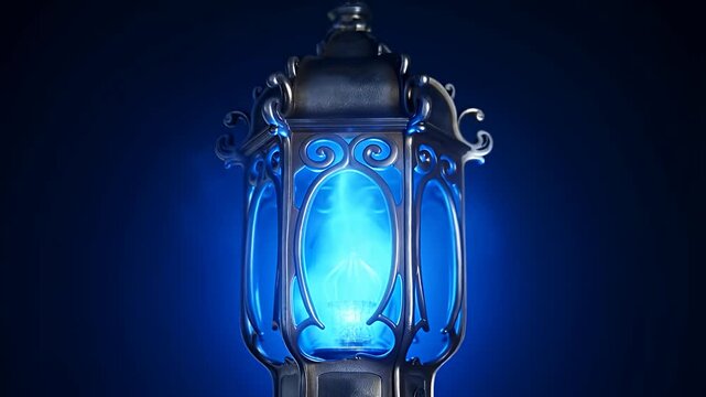 Gothic lantern emitting mystical blue light with swirling smoke effect