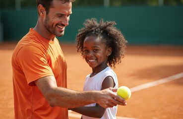 A tennis coach smiles while training a young girl on a clay court. The girl grins holding a tennis ball. They focus on exercise during the tennis lesson.