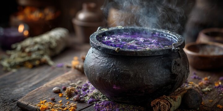 Mystical Cauldron of Ritual: A bewitching scene unfolds as a weathered cauldron steams with a potion, surrounded by aromatic herbs, dried flora, and ancient artifacts.