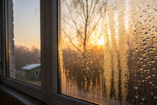 Condensation frost patterns on a window golden sunlight