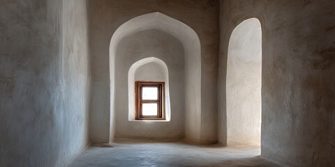 Architectural Perspective: A captivating view inside a historically rich interior, where arched doorways frame a distant window, offering a unique play of light and shadow.
