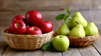 Ripe apples and pears in wicker baskets on wooden background