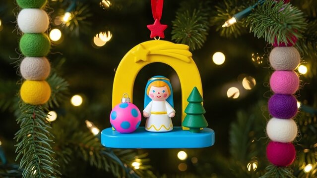 A festive christmas tree ornament featuring a stylized angel, pink bauble, and green tree in a yellow arch, hanging on a fir branch with lights