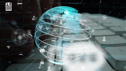 A futuristic digital globe surrounded by interconnected icons symbolizes technology and communication in a globalized world, capturing innovation and data flow. Xenic - Powered by Adobe
