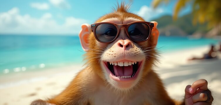 Smiling monkey with sunglasses enjoys beach vacation. Happy animal rests at tropical sea resort. Cheerful primate relaxes on the sand. Funny photo for summer holiday.