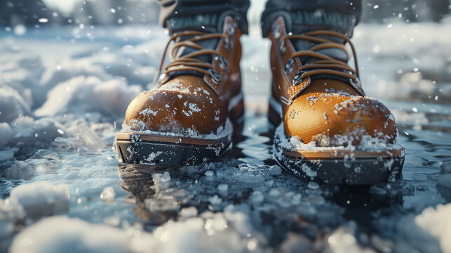 Sturdy brown boots standing in water with snowflakes falling - Powered by Adobe